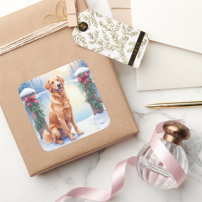 Sticker Carré Chesapeake Bay Retriever Winter Lakeside Christmas (Cadeaux)