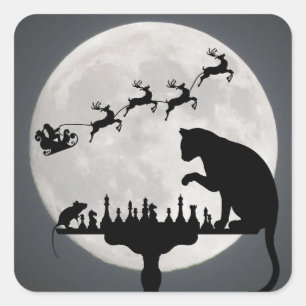 Sticker Carré Chess Père Noël Pleine lune Chat et jeu de souris 