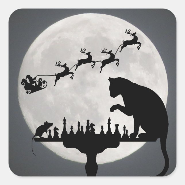 Sticker Carré Chess Père Noël Pleine lune Chat et jeu de souris  (Devant)