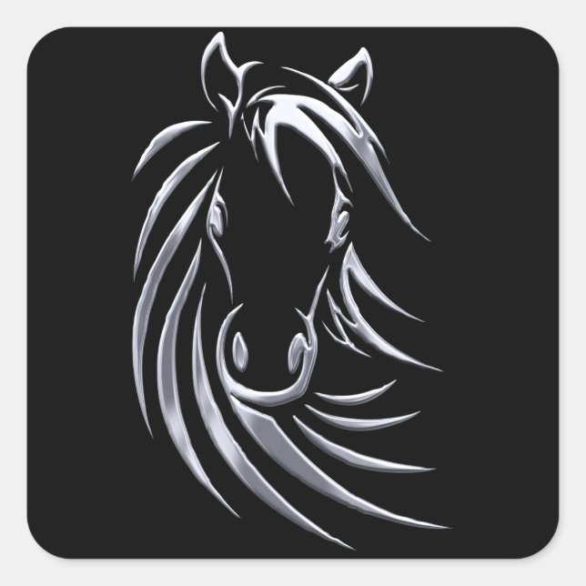 Sticker Carré Cheval argenté tête sur noir (Devant)