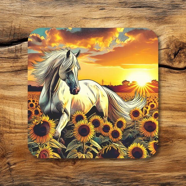 Sticker Carré Cheval blanc dans le champ des tournesols au couch (Créateur téléchargé)