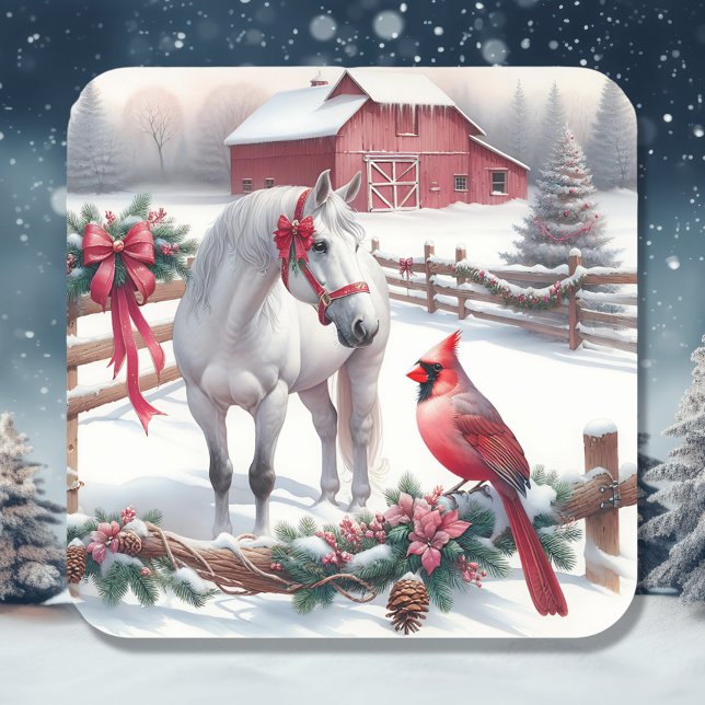 Sticker Carré Cheval blanc festif et Noël cardinal (Créateur téléchargé)