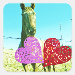 Sticker Carré Cheval blond et Coeurs rose et rouge