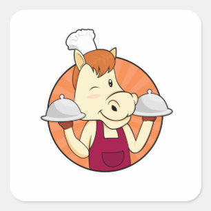 Sticker Carré Cheval comme cuisinier avec plateaux de service