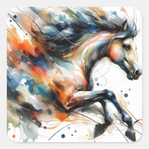 Sticker Carré Cheval courant à l'aquarelle abstraite