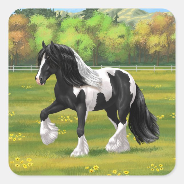 Sticker Carré Cheval d'attelage de la bandelette tzigane noire d (Devant)