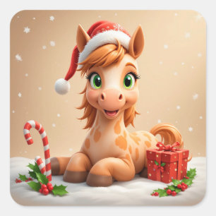 Sticker Carré Cheval de dessin animé de Noël avec chapeau de Pèr