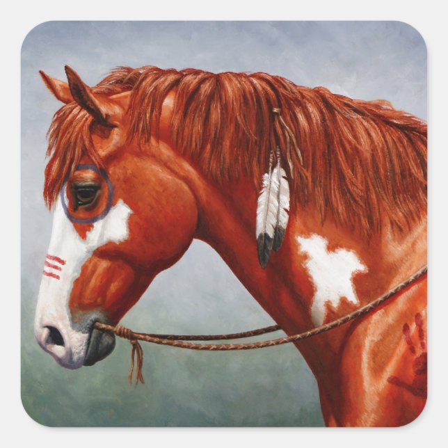 Sticker Carré Cheval de guerre indien de l'Amérique du Châtonnie (Devant)