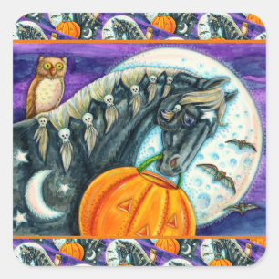 STICKER CARRÉ CHEVAL MAGIQUE NOIR, OWL, JACK-O'-LANTERN & SKULLS