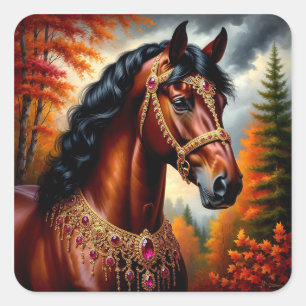 Sticker Carré Cheval majestueux avec un harnais orné d'or
