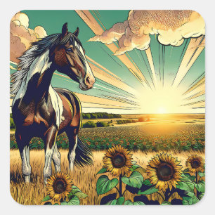 Sticker Carré Cheval Pinto dans un champ de tournesol