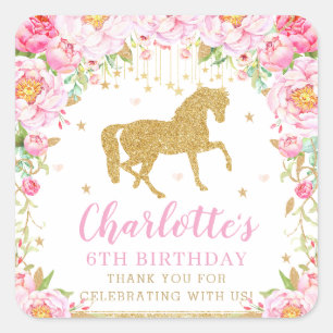 Sticker Carré Cheval rose Floral Or Anniversaire Merci Favoriser