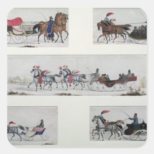 Sticker Carré Cheval Russe traîné des traîneaux (Devant)