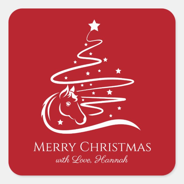 Sticker Carré Cheval sapin de Noël Equestre rouge blanc (Devant)