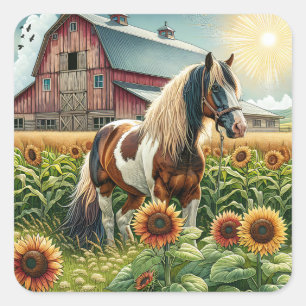 Sticker Carré Cheval tacheté, Grange rustique, Soleil levant à l