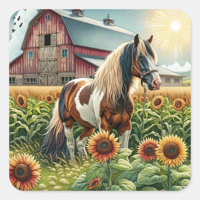 Sticker Carré Cheval tacheté, Grange rustique, Soleil levant à l (Devant)
