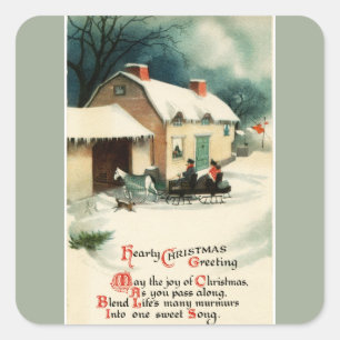 Sticker Carré Cheval vintage tiré Sleigh Noël