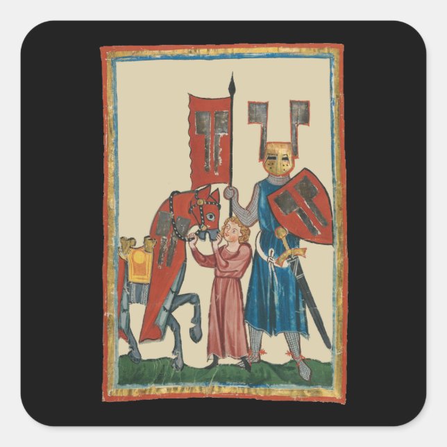 Sticker Carré Chevalier et écureuil, Art médiéval du XIVe siècle (Devant)