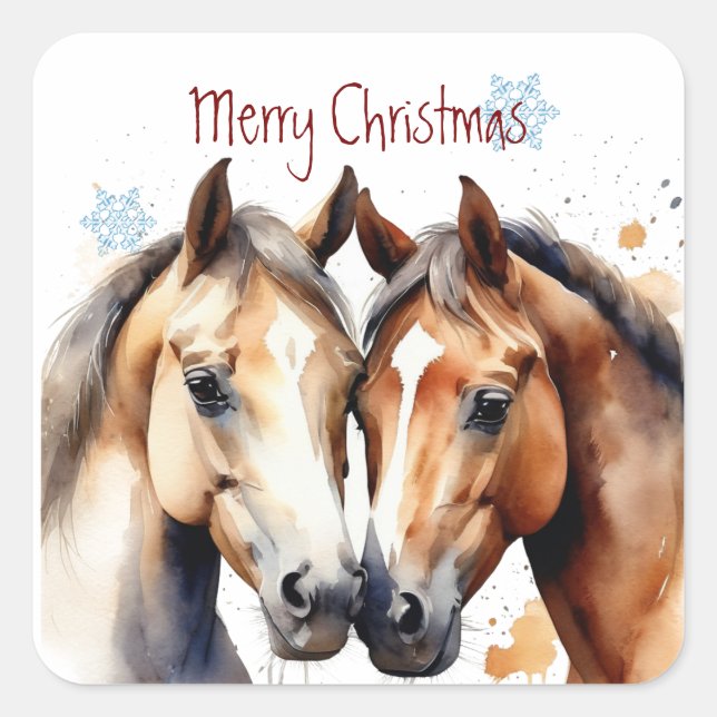 Sticker Carré Chevaux d'aquarelle de Noël (Devant)