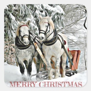 Sticker Carré Chevaux de Noël tirant Sleigh par la neige