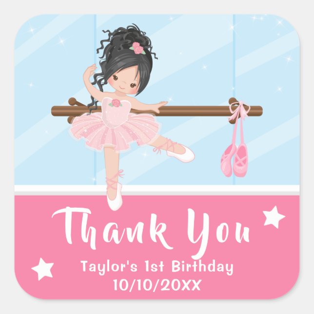 Sticker Carré Cheveux noirs Ballerina rose Merci d'anniversaire  (Devant)