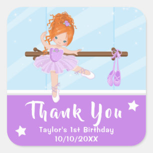 Sticker Carré Cheveux rouges Ballerina violet Merci d'anniversai