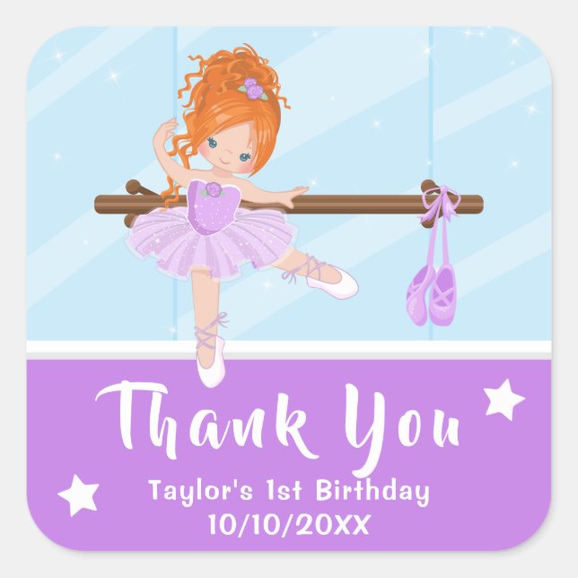 Sticker Carré Cheveux rouges Ballerina violet Merci d'anniversai (Devant)