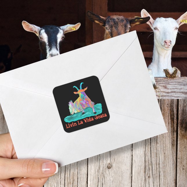 Sticker Carré Chèvre hurler Livin La Vida Goata Drôle Slogan (Funny screaming goat colorful farm animal art livin la Vida Goata Quote sticker)