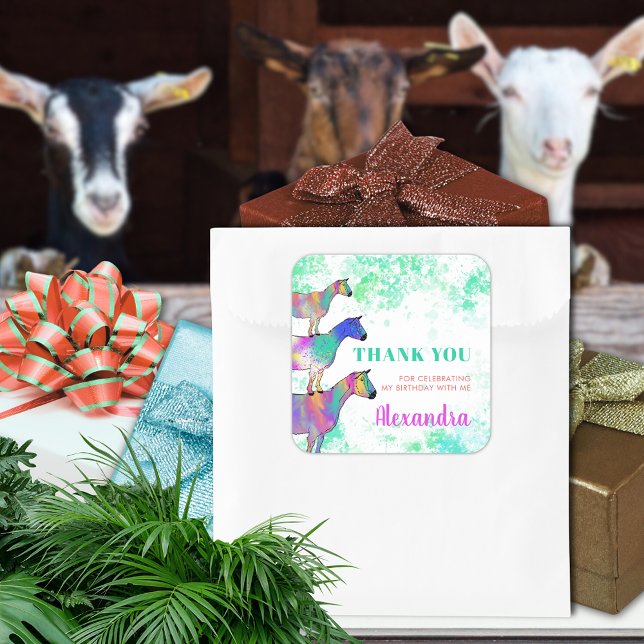 Sticker Carré Chèvres Ferme Animaux Anniversaire Merci (Cute goats farm animal watercolor custom birthday party thank you favor sticker colorful animal art)