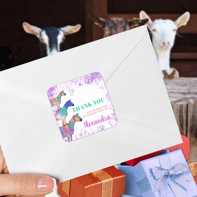 Sticker Carré Chèvres mignonne animal de ferme Anniversaire Merc (Cute goats colorful animal art birthday party thank you custom sticker)