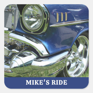 Sticker Carré Chevy 1957 bleue, Nom ou Message, Votre Photo
