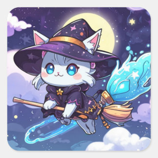 Sticker Carré Chibi Witch Cat Flying in Starry Sky – Kawaii Magi