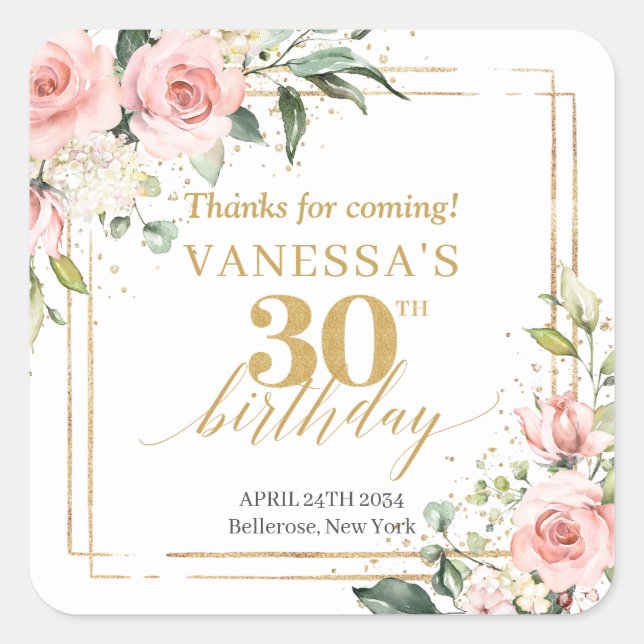 Sticker Carré Chic aquarelle bleu fleurs or 30e anniversaire (Devant)