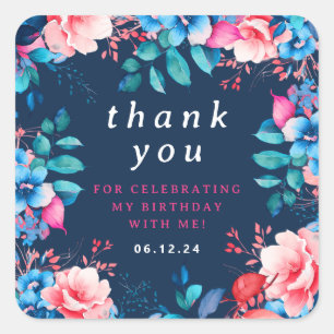 Sticker Carré Chic Aquarelle Florale Anniversaire Marine Merci