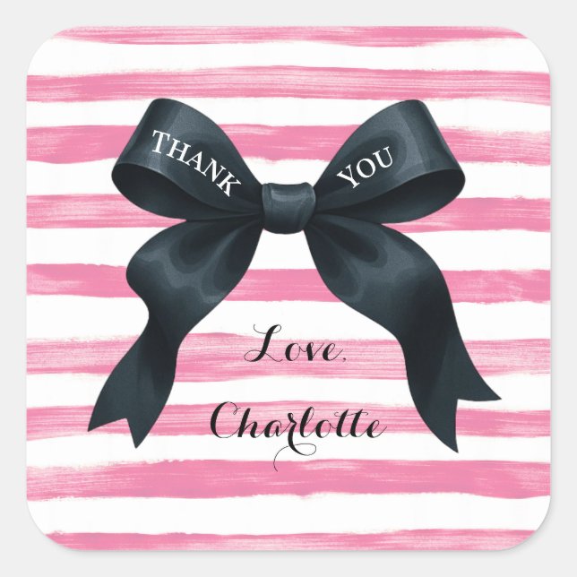 Sticker Carré Chic Black Bow Pink White Stripe (Devant)