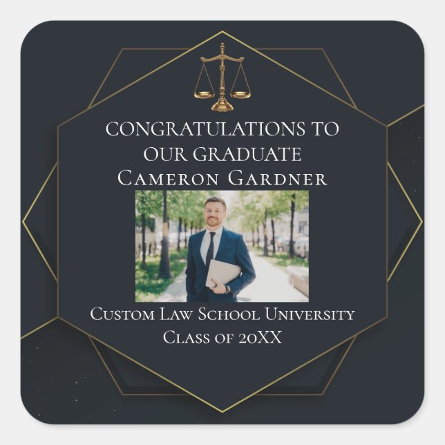 Sticker Carré Chic Black Gold Law School Photo Graduation Party (Devant)