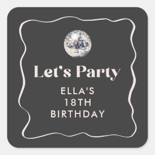 Sticker Carré Chic Black & Silver Disco Ball 18ème anniversaire 