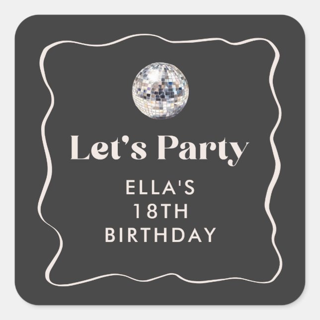 Sticker Carré Chic Black & Silver Disco Ball 18ème anniversaire  (Devant)