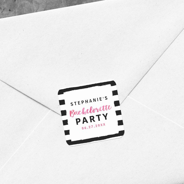 Sticker Carré Chic Black & White Stripes Bachelorette Rose (Créateur téléchargé)