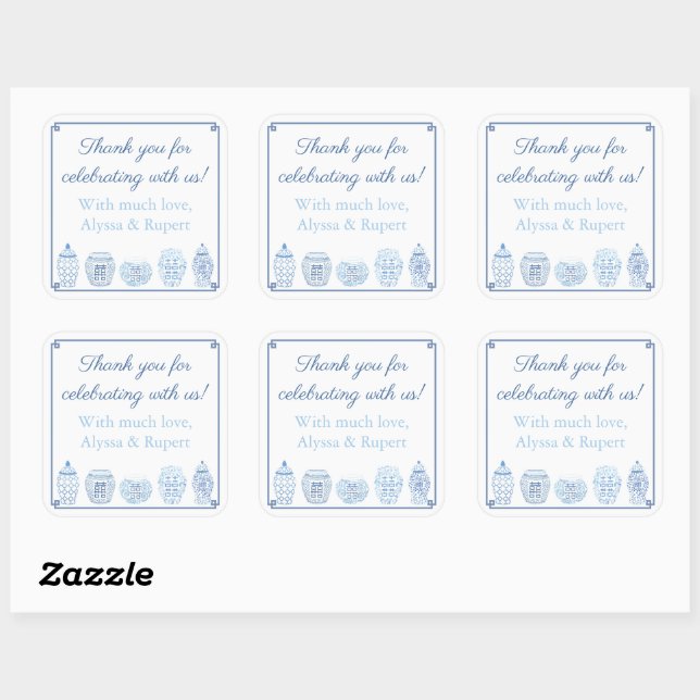 Sticker Carré Chic Bleu Et Blanc Ginger Jar Merci Favoriser (Feuille)