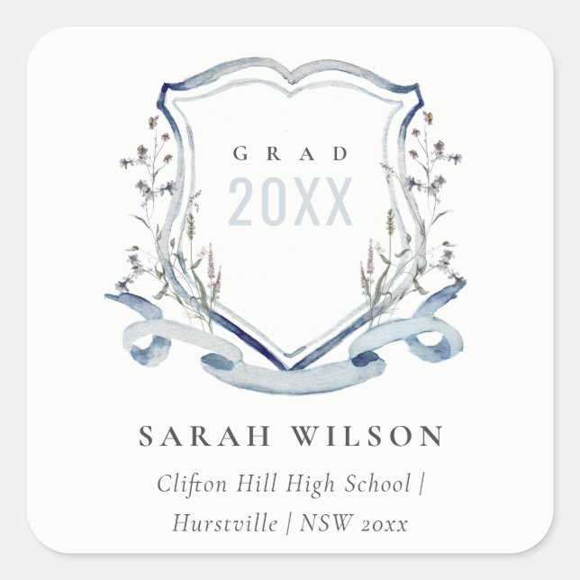 Sticker Carré Chic Bleu Fleur sauvage Aquarelle Crest Graduation (Devant)