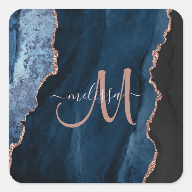 Sticker Carré Chic Blue Rose Gold Agate Script Monogramme person (Devant)