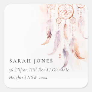 Sticker Carré Chic Boho Feather Dreamcatcher Watercolor Adresse