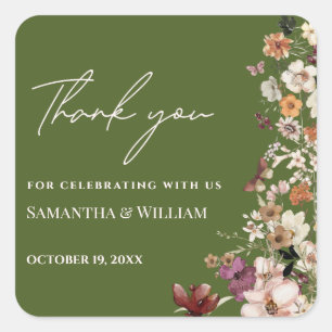 Sticker Carré Chic Boho Fleur sauvage Rustic Moss Green Mariage