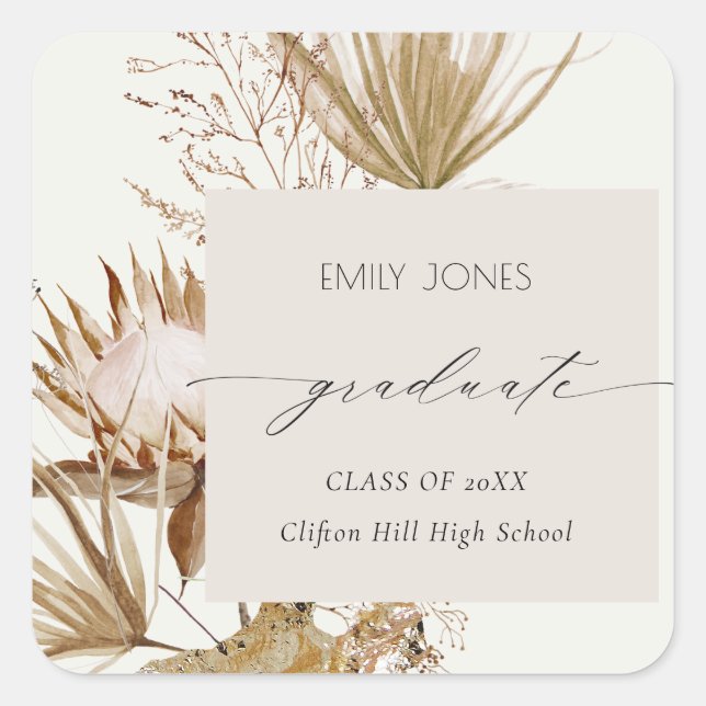 Sticker Carré Chic Boho Protea Sec Palm Floral Photo Graduation (Devant)