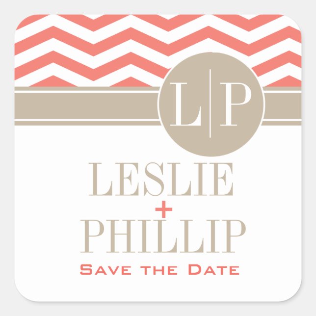 Sticker Carré Chic Chevron Monogramme | corail (Devant)
