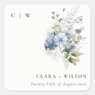 Sticker Carré Chic Dusky Blue Aquarelle Cottage Floral Mariage