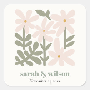 Sticker Carré Chic Dusky Blush Rétro Mariage Floral Minimal