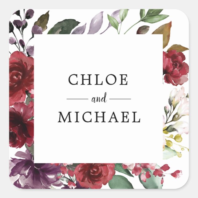 Sticker Carré Chic et élégant Personnalisé Rouge Floral Mariage (Devant)