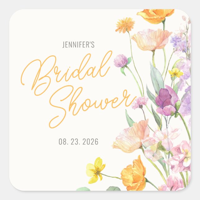 Sticker Carré Chic Fleur Sauvage Script Mariage Shower (Devant)